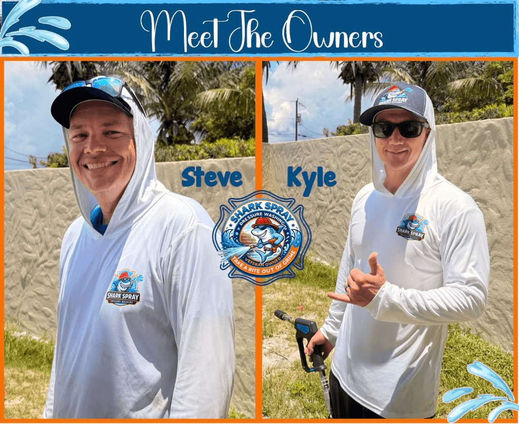 Owners Steve and Kyle in Shark Spray uniforms standing in front of a textured exterior wall